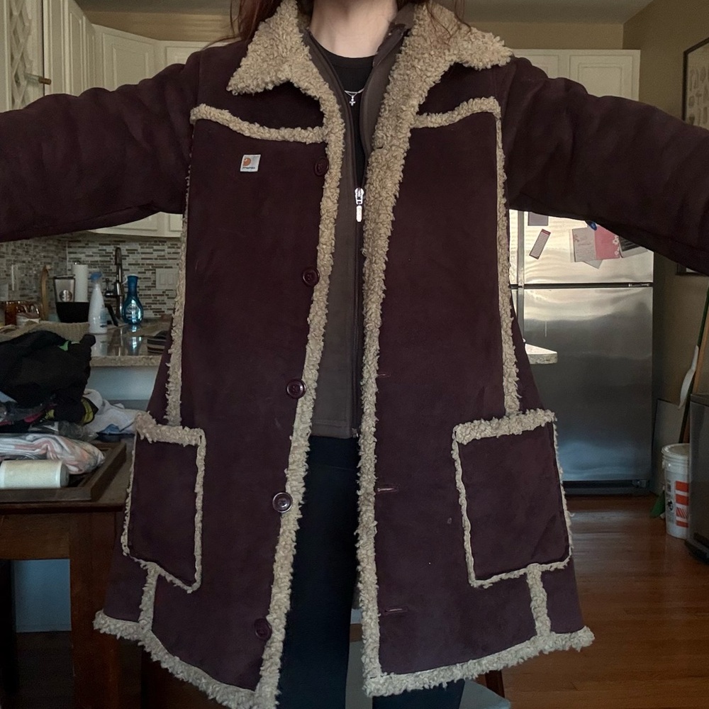 Carhartt Sherpa Shearling Trim Barn Coat Womens S / Girls L Brown Ranch Workwear - Picture 4 of 10